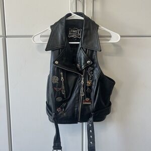 First Genuine Leather Black Motorcycle Vest Indian Sturgis Pins Patches Mens